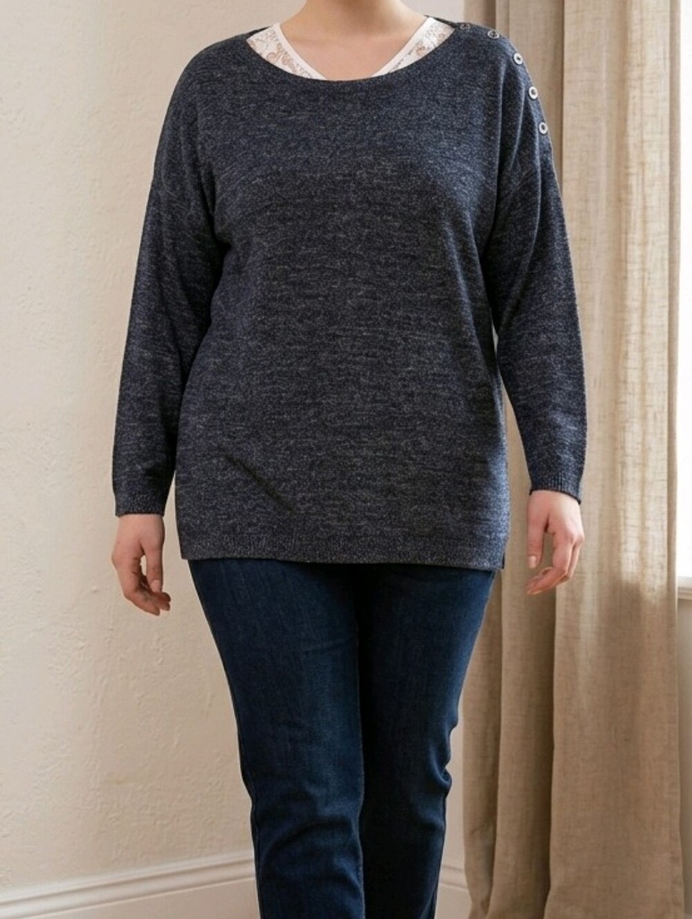Talbots Women’s Navy Gray Button-Shoulder Knit Sweater 3/4 Sleeve 2XL